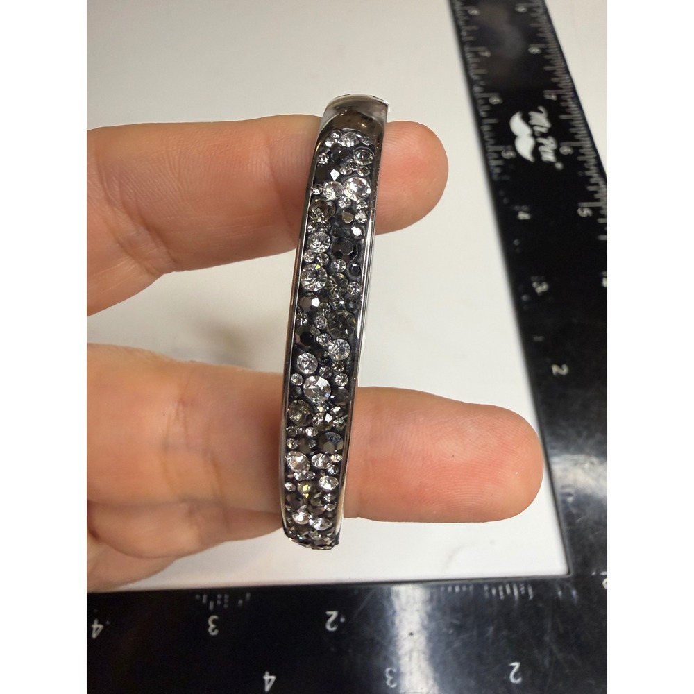 JCM Stainless Steel Crystal Pave Hinged Bangle Bracelet Silver Tone Smoky Clear